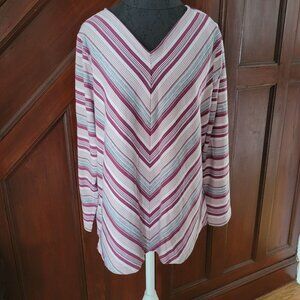 Cj Banks Womens 1X Long Sleeve V-Neck Striped Top In Pink & Gray